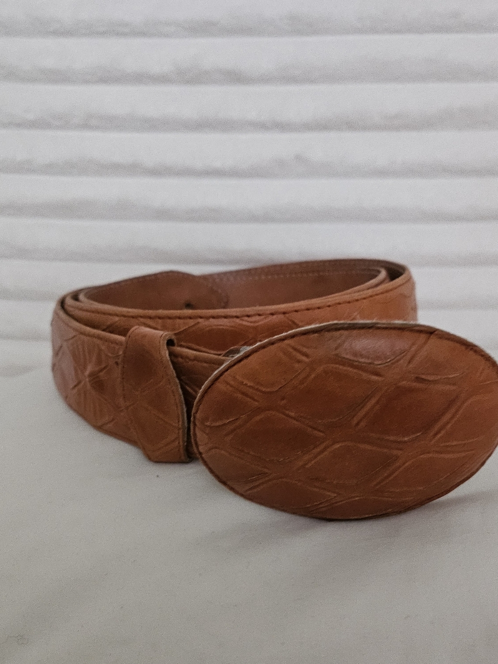 Men's Textured Tan Leather Belt with Oval Buckle